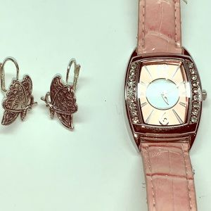 Pink Watch with butterfly earrings